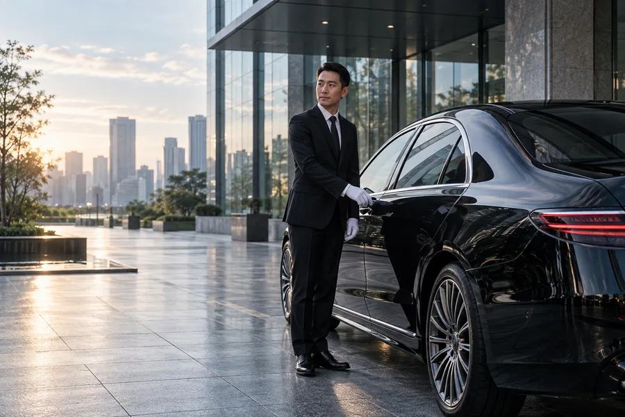 黒い役員車のそばで待機するドライバーのイメージ